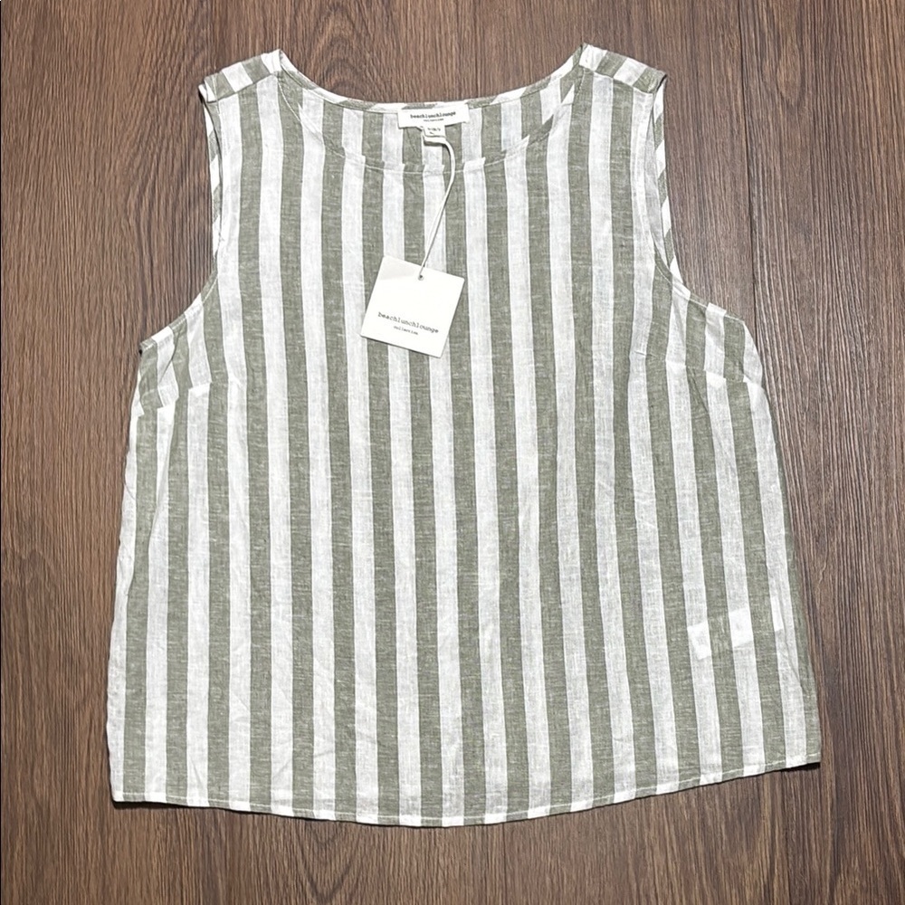 BeachLunchLounge Green White Striped Linen Blend Tank Top Sleeveless Small NWT